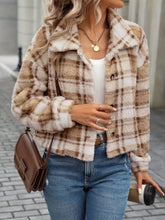 Plaid Button Up Collared Neck Long Sleeve Jacket Camel OutfitFlow