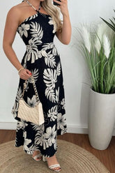 Smocked Printed Halter Neck Dress Black OutfitFlow