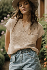 Pocketed V-Neck Cap Sleeve Sweater Vest Khaki OutfitFlow