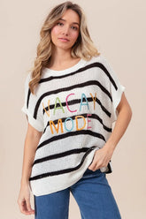 BiBi Vacay Mode Lettering Drop Shoulder Striped Sweater BLACK OutfitFlow
