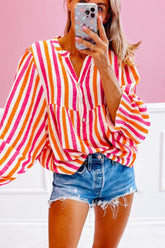 Striped Notched Flounce Sleeve Blouse Red OutfitFlow