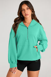 Pocketed Half Zip Long Sleeve Hoodie Turquoise OutfitFlow