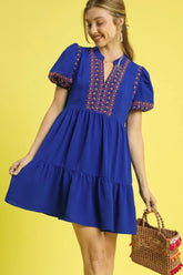 Umgee Floral Trim Puff Sleeve Mini Dress Dark Blue OutfitFlow
