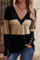 Decorative Button Contrast V-Neck Long Sleeve T-Shirt Camel OutfitFlow
