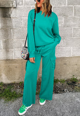Full Size Round Neck Long Sleeve Top and Drawstring Pants Set Turquoise OutfitFlow