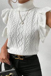 Cable-Knit Turtleneck Cap Sleeve Sweater White OutfitFlow