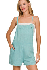 Zenana Washed Linen Knot Strap Rompers DUSTY TEAL OutfitFlow