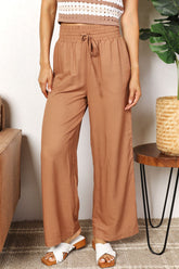 Double Take Drawstring Smocked Waist Wide Leg Pants Camel OutfitFlow