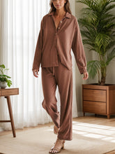 Collared Neck Long Sleeve Top and Drawstring Pants Set Brown OutfitFlow