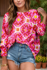 Smocked Cuff Printed Round Neck Long Sleeve Blouse Hot Pink OutfitFlow