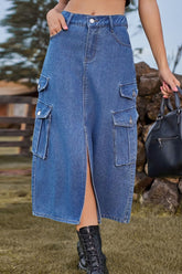 Slit Front Midi Denim Skirt with Pockets Medium OutfitFlow