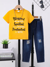 Children's Round Neck Letter Graphic T-Shirt and Distressed Jeans Set Gold OutfitFlow