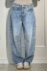 Full Size Washed Rhinestone Detail Wide leg Jeans Plus Size Light OutfitFlow