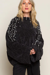POL Oversized Pearl Embellished Sweater Black OutfitFlow