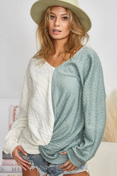 BiBi Twist Front Contrast Cable Knit Top Ivory Sage OutfitFlow