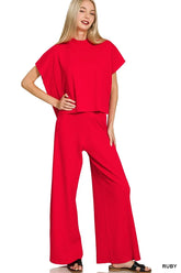 Zenana Viscose Sweater Short Sleeve Top and Pants Set RUBY OutfitFlow