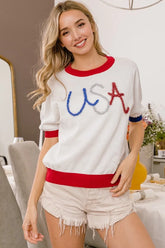 BiBi USA Metallic Letter Color Block Knit Top WHITE RED OutfitFlow