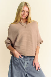 Davi & Dani Round Neck Batwing Sleeve Sweater Tan OutfitFlow
