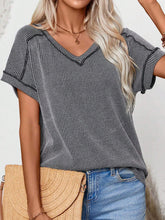 Exposed Seam V-Neck Short Sleeve Top Dark Gray OutfitFlow