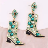 Western Boot Dangle Earrings with Rhinestones Green onesize OutfitFlow