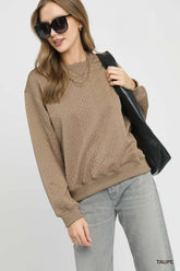Umgee Cable Texture Pattern Sweatshirt with Ribbed Hem TAUPE OutfitFlow