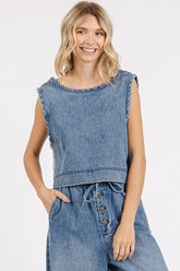Mittoshop Washed Denim Distressed Detail Crop Tank Medium OutfitFlow