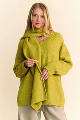 Davi & Dani V-Neck Dropped Shoulder Sweater with Scarf Chartreuse OutfitFlow