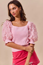SO ME Rosette Sleeves Square Neck Sweater Knit Top BLUSHPINK OutfitFlow