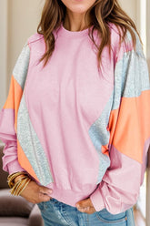 Color Block Round Neck Long Sleeve Sweatshirt Blush Pink OutfitFlow
