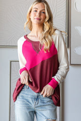 HOPELY Color Block Long Sleeve T-Shirt Hot Pink Burgundy OutfitFlow