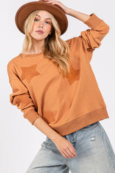 SAGE + FIG Star Patch Long Sleeve Sweatshirt Cinnamon OutfitFlow