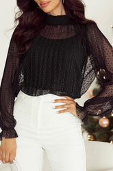 cami and Lace Sheer Mock Neck Long Sleeve Blouse Black OutfitFlow