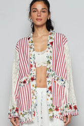 POL Lace Long Sleeve Striped Cardigan with Floral Patchwork Detail Scarlet OutfitFlow