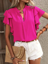 Ruffle Sleeve Notched Blouse Hot Pink OutfitFlow