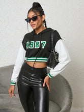 1987 Graphic Cropped Hoodie Black OutfitFlow