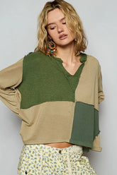 POL Color Block Notched Long Sleeve T-Shirt Matcha Green OutfitFlow