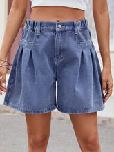 Ruched Half Elastic Waist Denim Shorts Dusty Blue OutfitFlow