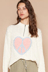 POL Cable-Knit Peace Patch Dropped Shoulder Sweater Ivory OutfitFlow
