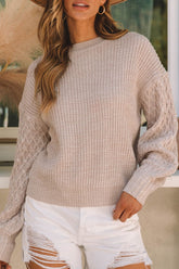 Cable-Knit Round Neck Dropped Shoulder Sweater Tan OutfitFlow