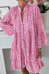 Leopard Notched Long Sleeve Shirt Dress Hot Pink OutfitFlow