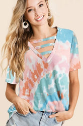 BiBi Tie-Dye V-Neck Cutout Short Sleeve T-Shirt PINK MINT Trendsi