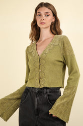 VERY J V-Neck Lace Detail Button Down Crop Ribbed Knit Top Olive OutfitFlow