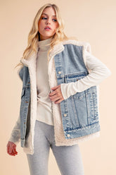 Aemi + Co Fake Two Pieces Denim Patch Sherpa Vest Coat Light OutfitFlow