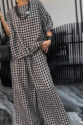 Full Size Plaid Round Neck Half Sleeve Top and Pants Set Dark Gray OutfitFlow