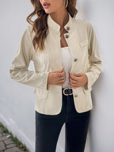 Perfee Button Up Mock Neck Jacket Beige OutfitFlow