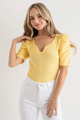 And The Why Shirring Puff Sleeve Bodysuit Pale Yellow OutfitFlow