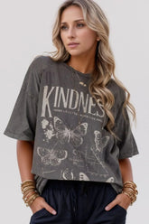 Kindness Butterflies Graphic Mineral Wash Loose Tee Dark Gray OutfitFlow