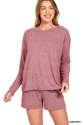 Zenana Soft Melange Long Sleeve Tee and Shorts Set CABERNET OutfitFlow
