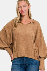 Zenana Brushed Hacci Drop Shoulder Cropped Hoodie Deep Camel OutfitFlow
