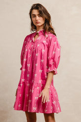 BiBi Ribbon Patterns With Scallops Edge Details Short Sleeve Dress FUCHSIA OutfitFlow